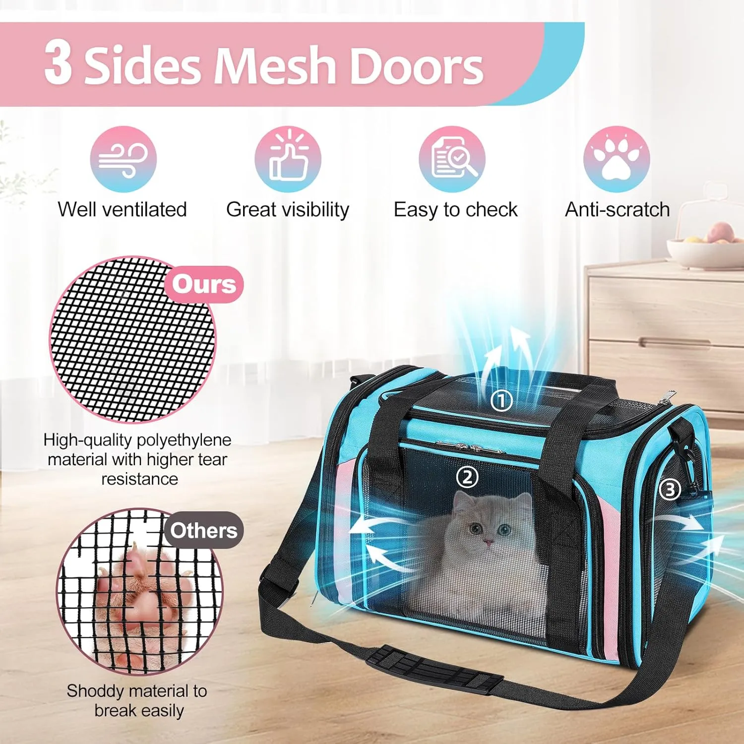 Cat Dog Carrier Up to 15 Lbs TSA Airline Approved Pet Carrier for Small Medium Cats Puppies Dog Carriers for Small Dogs Collapsible Soft Sided Cat Travel Carrier - Blue&Pink 17"x11"x11"