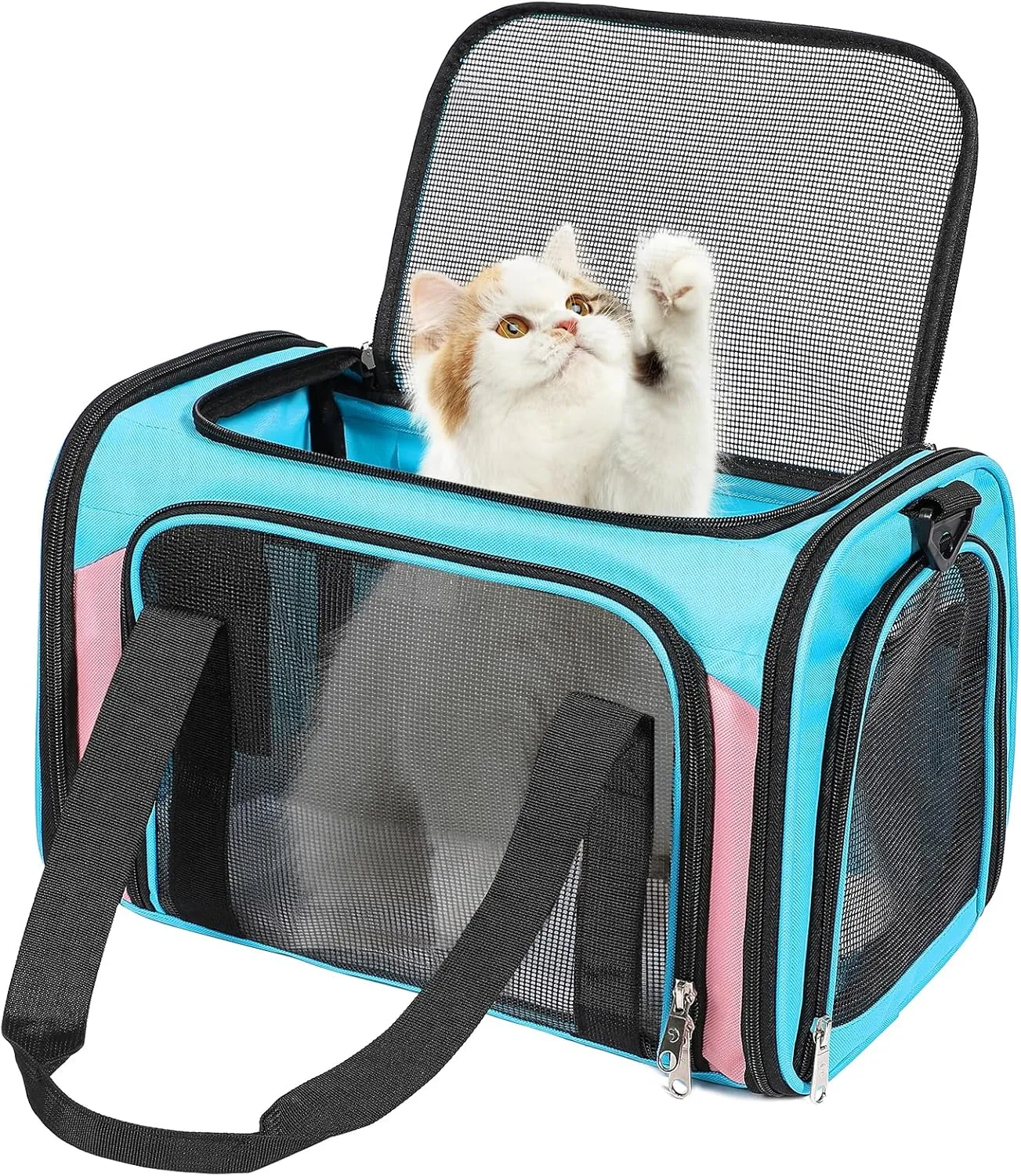 Cat Dog Carrier Up to 15 Lbs TSA Airline Approved Pet Carrier for Small Medium Cats Puppies Dog Carriers for Small Dogs Collapsible Soft Sided Cat Travel Carrier - Blue&Pink 17"x11"x11"