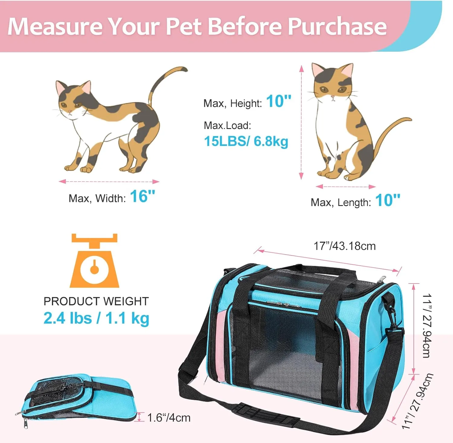 Cat Dog Carrier Up to 15 Lbs TSA Airline Approved Pet Carrier for Small Medium Cats Puppies Dog Carriers for Small Dogs Collapsible Soft Sided Cat Travel Carrier - Blue&Pink 17"x11"x11"