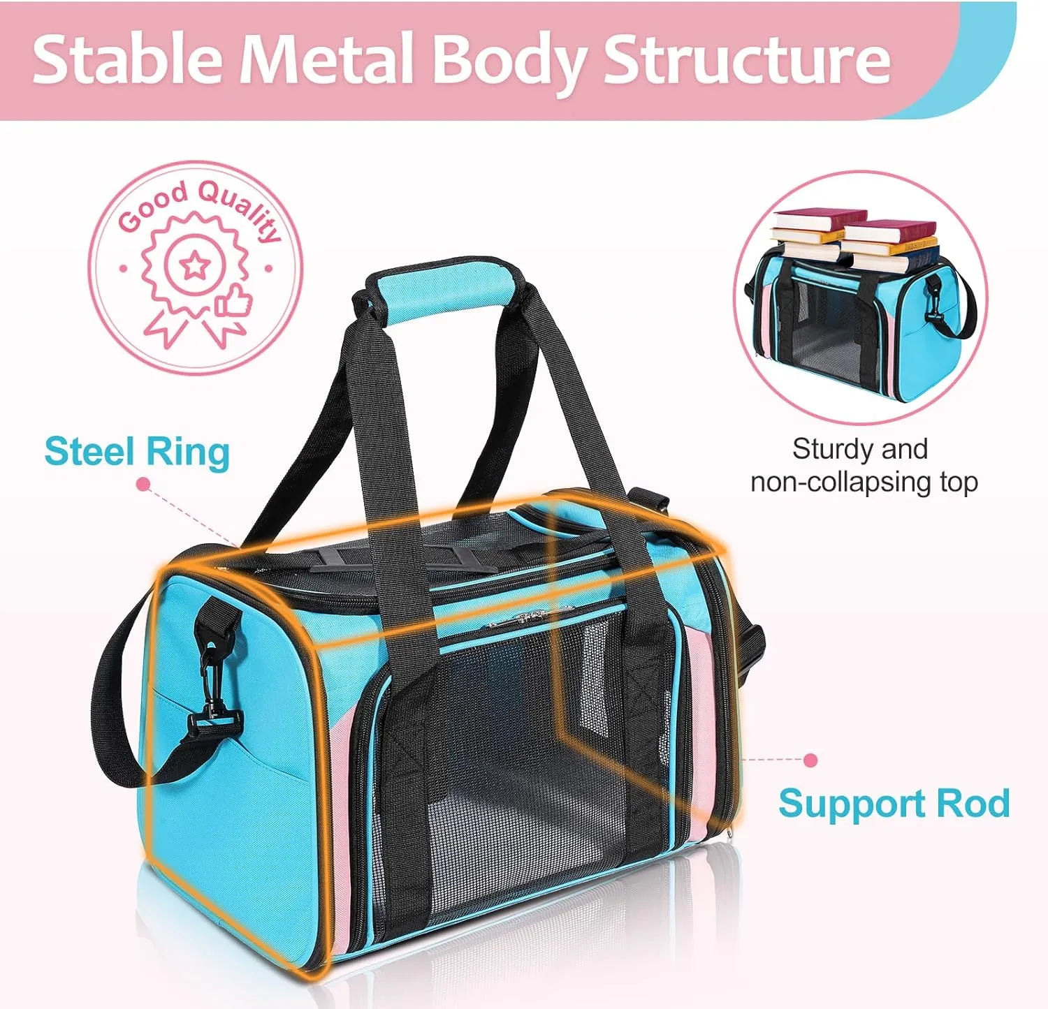 Cat Dog Carrier Up to 15 Lbs TSA Airline Approved Pet Carrier for Small Medium Cats Puppies Dog Carriers for Small Dogs Collapsible Soft Sided Cat Travel Carrier - Blue&Pink 17"x11"x11"