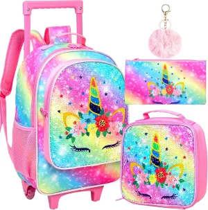 CCJPX 4PCS Kids Rolling Backpack for Girls, Unicorn Sequin Roller Wheeled Bookbag Toddler Elementary School Bag with Wheels