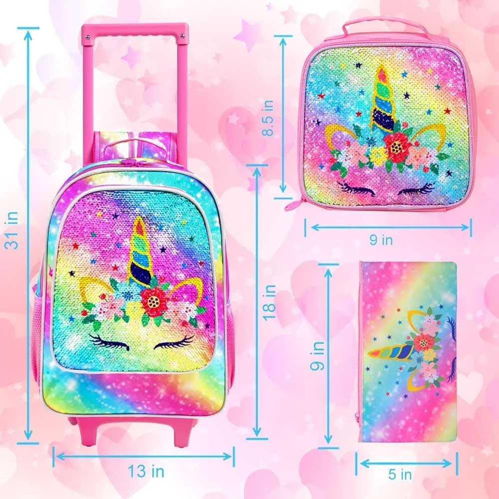 CCJPX 4PCS Kids Rolling Backpack for Girls, Unicorn Sequin Roller Wheeled Bookbag Toddler Elementary School Bag with Wheels