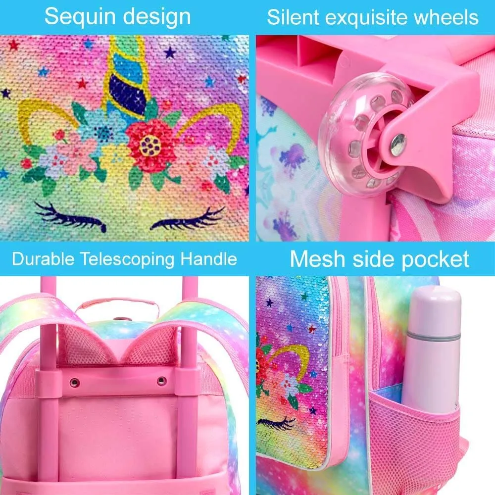 CCJPX 4PCS Kids Rolling Backpack for Girls, Unicorn Sequin Roller Wheeled Bookbag Toddler Elementary School Bag with Wheels