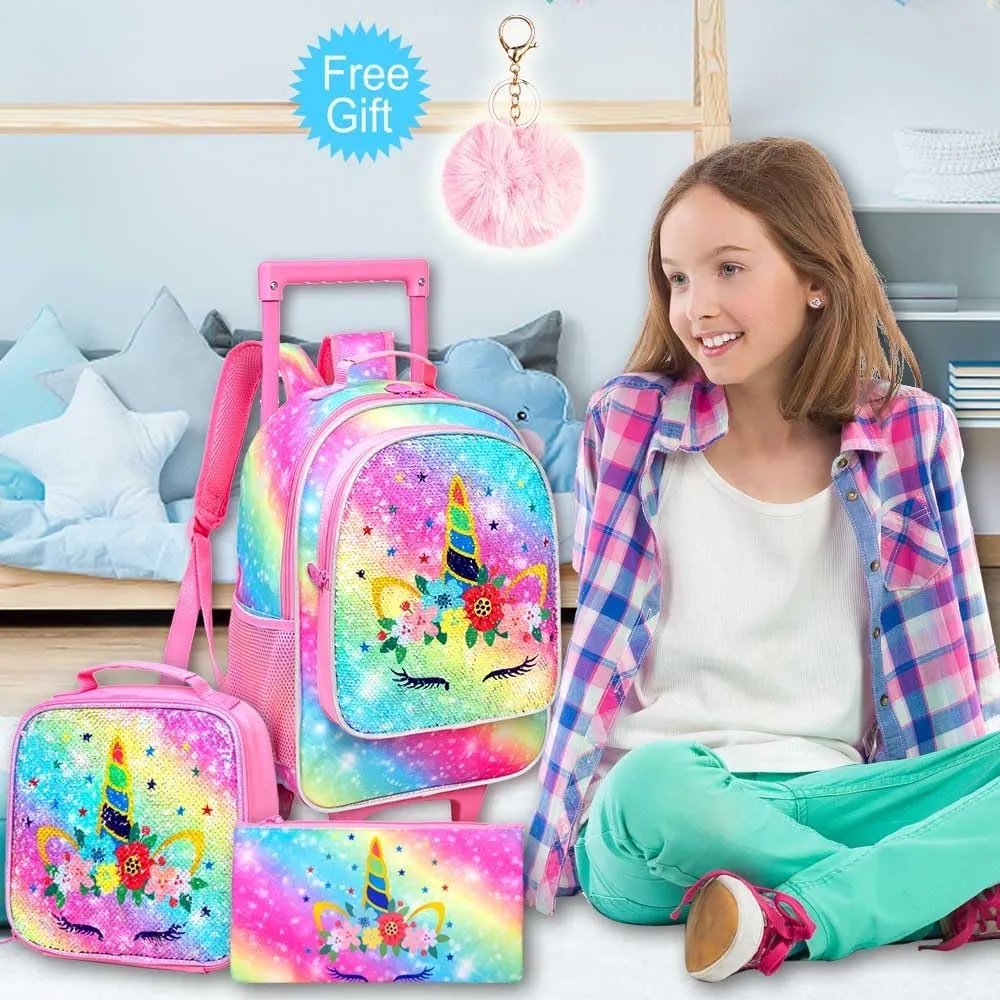 CCJPX 4PCS Kids Rolling Backpack for Girls, Unicorn Sequin Roller Wheeled Bookbag Toddler Elementary School Bag with Wheels