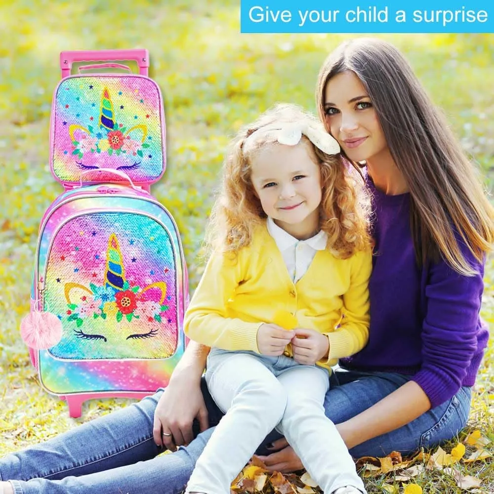 CCJPX 4PCS Kids Rolling Backpack for Girls, Unicorn Sequin Roller Wheeled Bookbag Toddler Elementary School Bag with Wheels