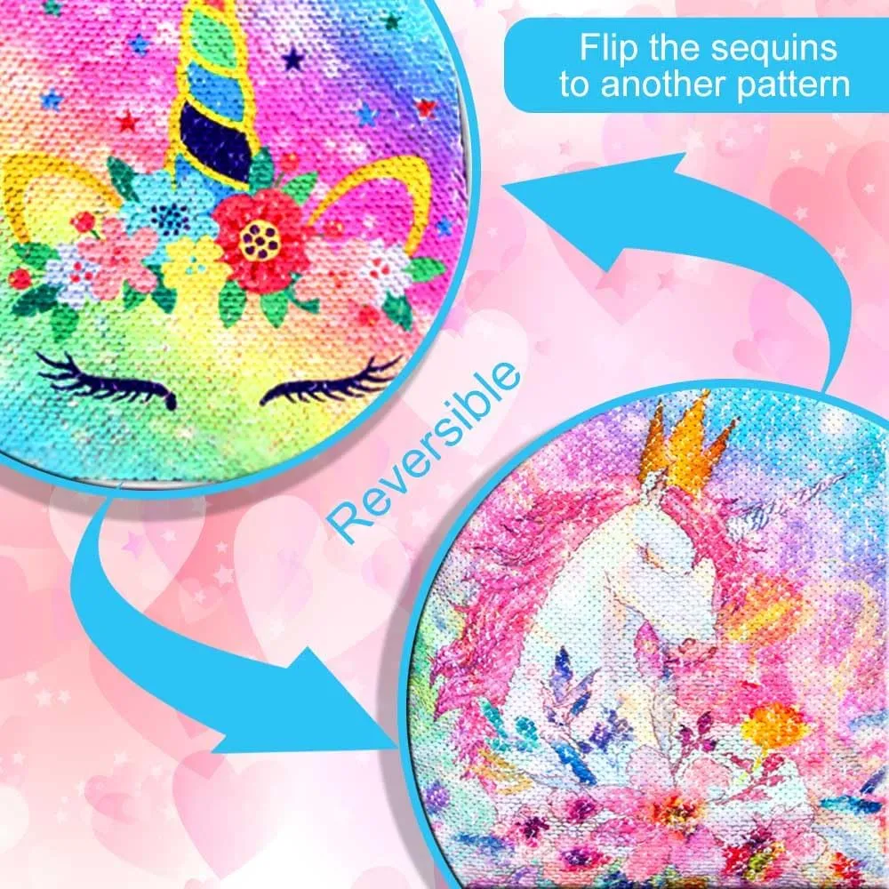 CCJPX 4PCS Kids Rolling Backpack for Girls, Unicorn Sequin Roller Wheeled Bookbag Toddler Elementary School Bag with Wheels