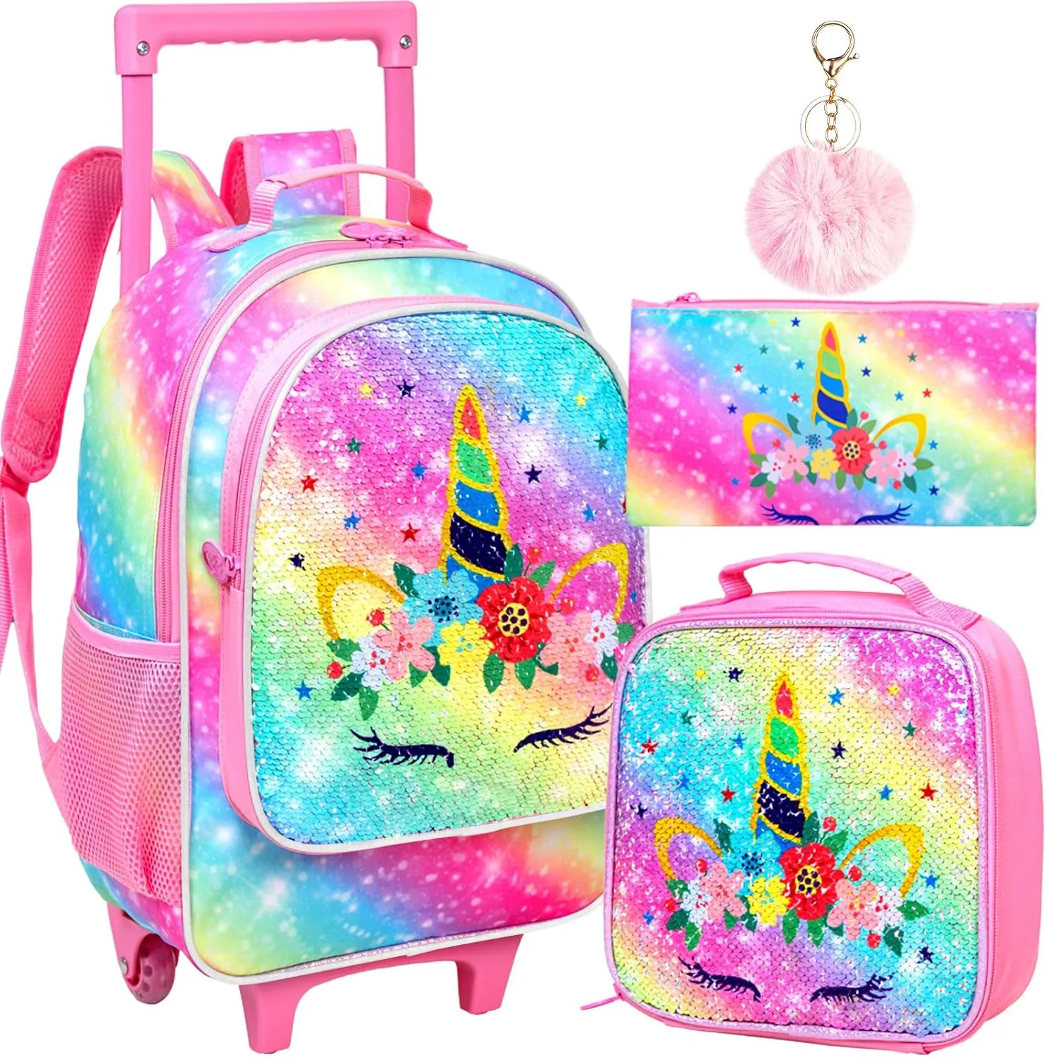 CCJPX 4PCS Kids Rolling Backpack for Girls, Unicorn Sequin Roller Wheeled Bookbag Toddler Elementary School Bag with Wheels
