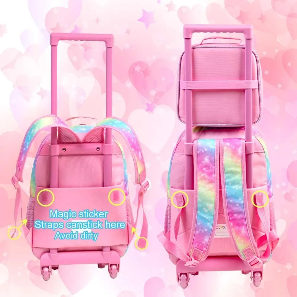 CCJPX 4PCS Kids Rolling Backpack for Girls, Unicorn Sequin Roller Wheeled Bookbag Toddler Elementary School Bag with Wheels