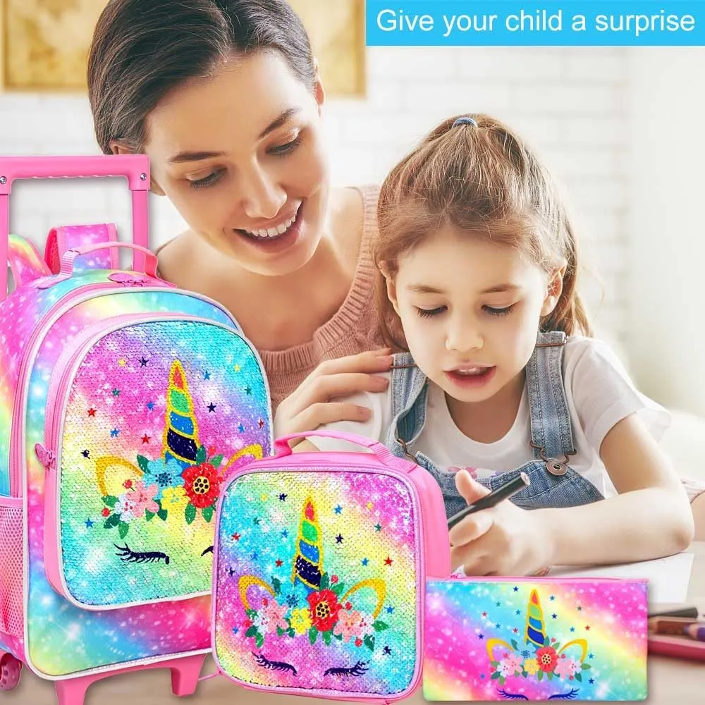 CCJPX 4PCS Kids Rolling Backpack for Girls, Unicorn Sequin Roller Wheeled Bookbag Toddler Elementary School Bag with Wheels
