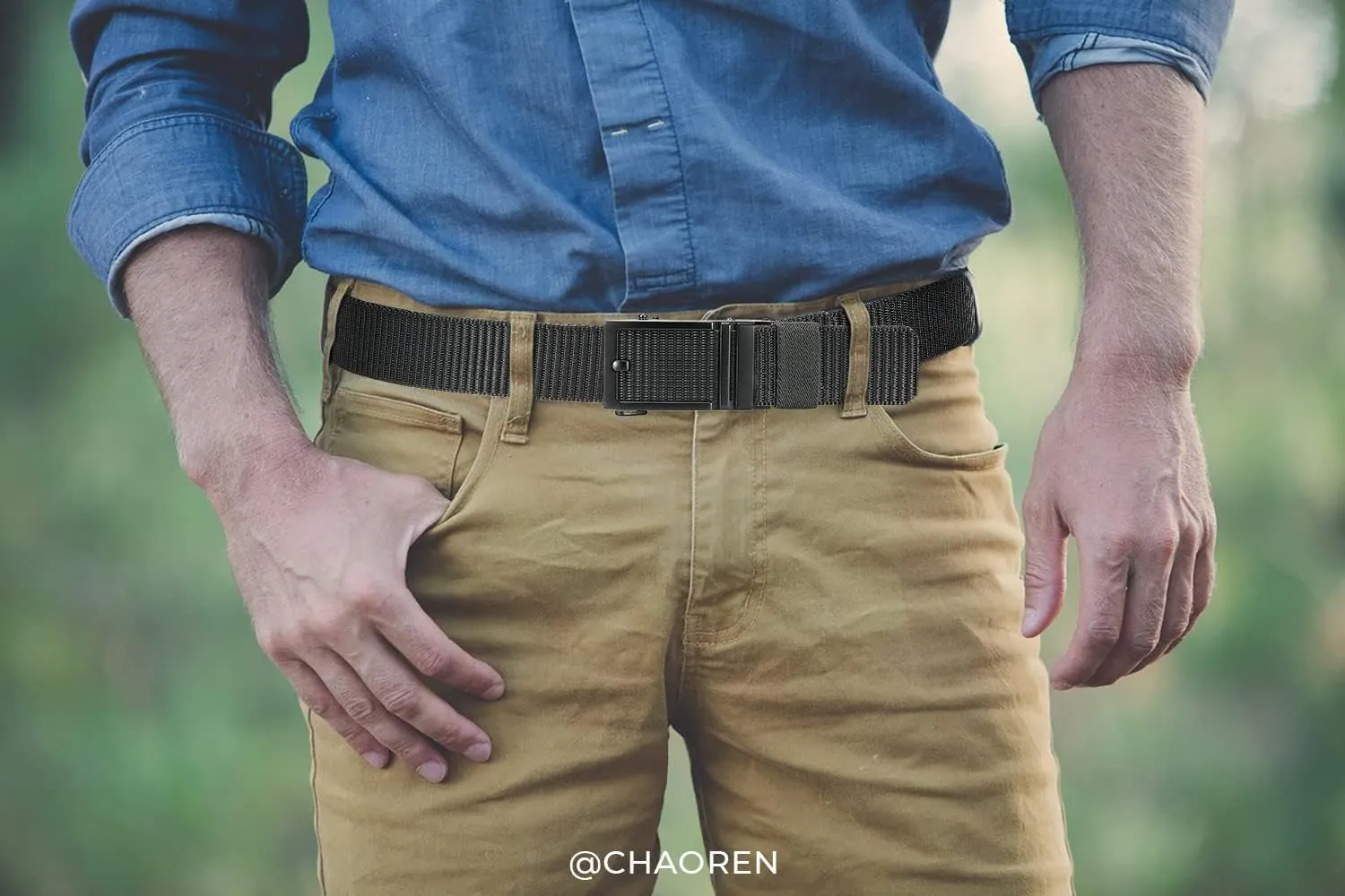 CHAOREN Ratchet Belts for Men 2 Pack - Casual Web Nylon Mens Belt 1 3/8" - Automatic Adjustable Buckle Fit Jeans