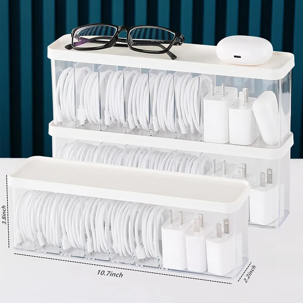 Charger Cable Cord Storage Organizer Box - 3 Pack With Lid - Easy Storage Without Cable Ties
