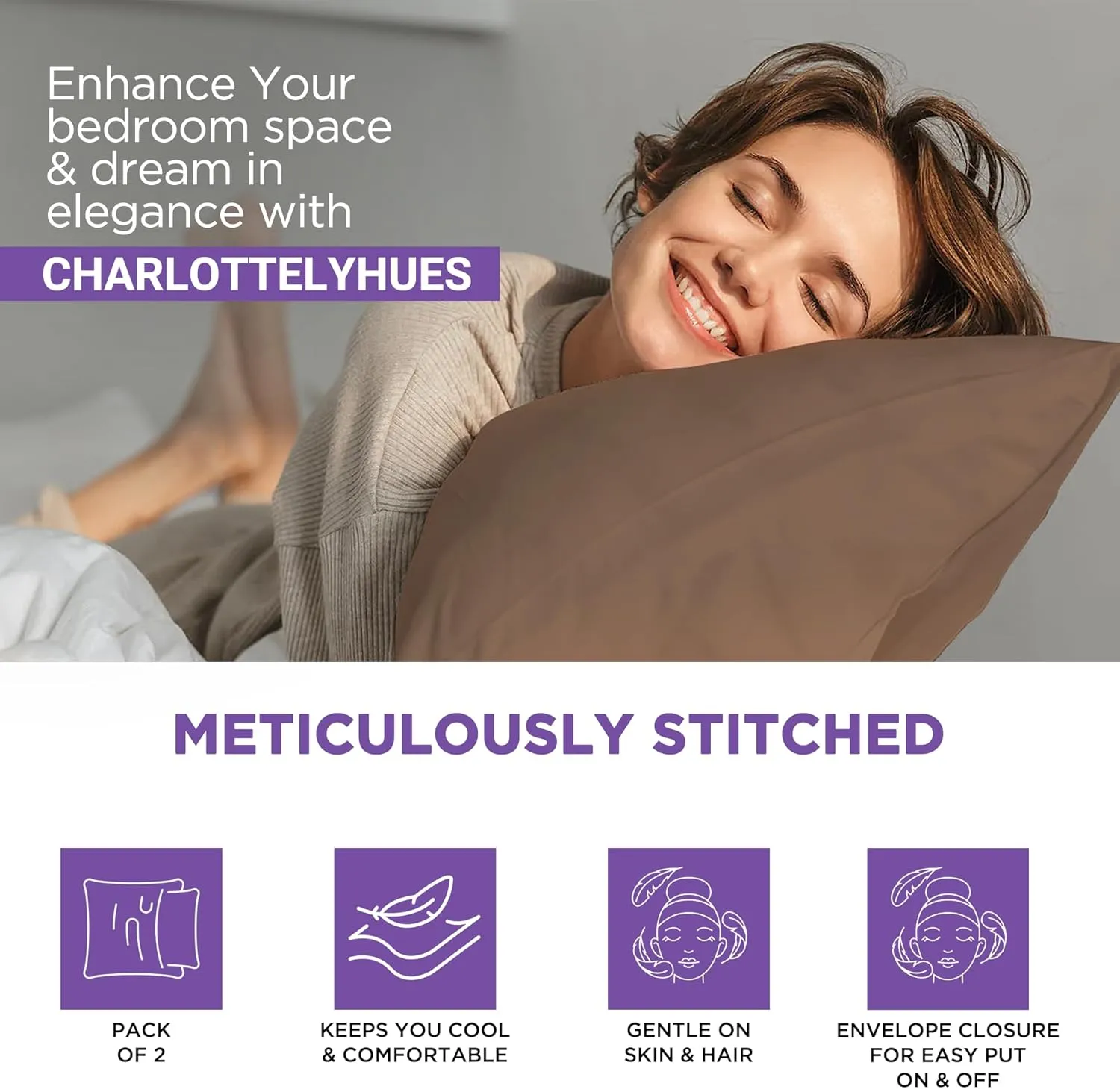 CharlottelyHues 1000 Thread Count Pillowcases Set of 2-100% Egyptian Cotton Pillow Cases with Long-Staple Combed Pillows for Sleeping, Soft & Silky Bed Pillow Cover (Beige, Standard/Queen)