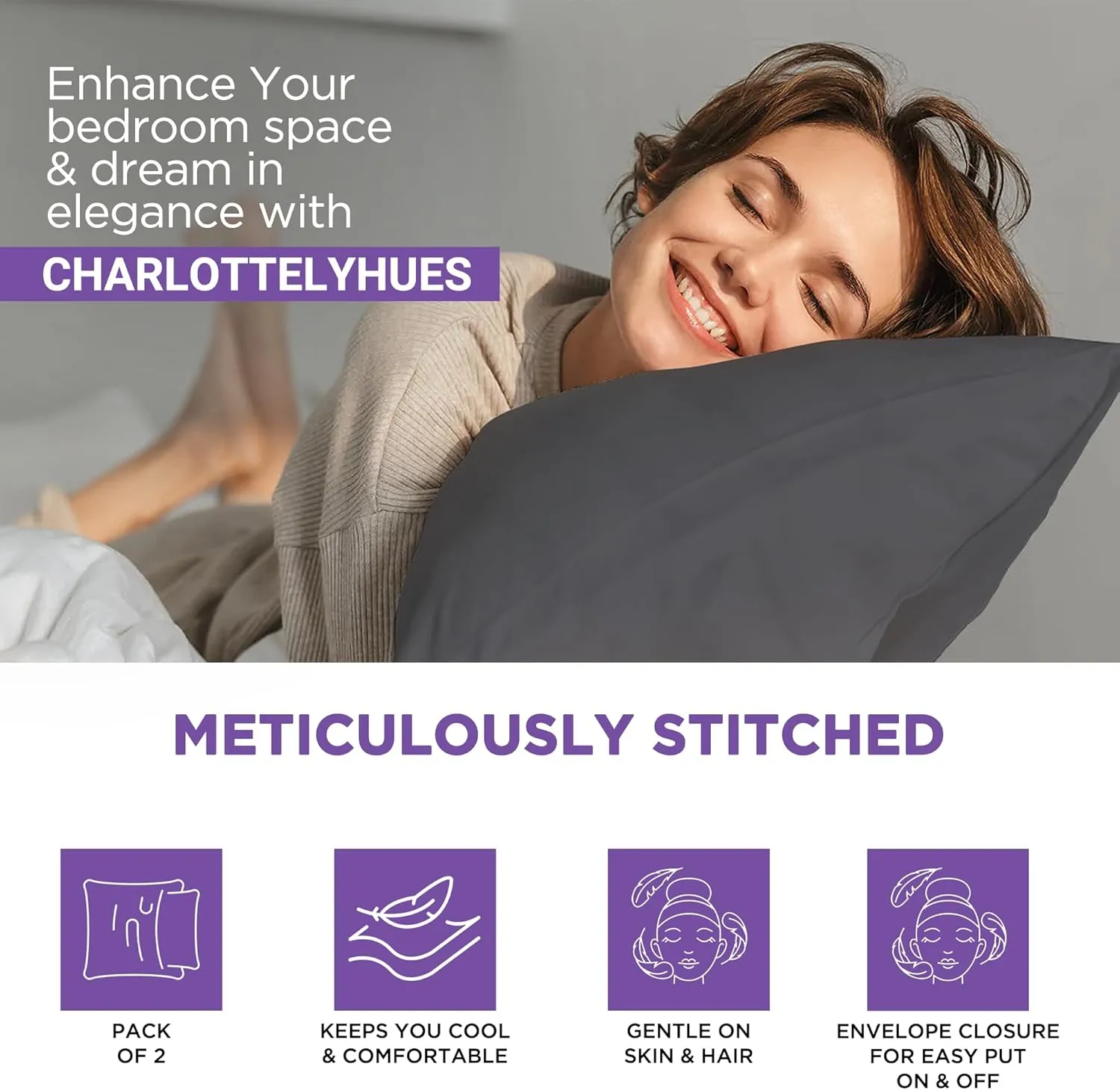 CharlottelyHues 1000 Thread Count Pillowcases Set of 2-100% Egyptian Cotton Pillow Cases with Long-Staple Combed Pillows for Sleeping, Soft & Silky Bed Pillow Cover (Dark Grey, Standard/Queen)