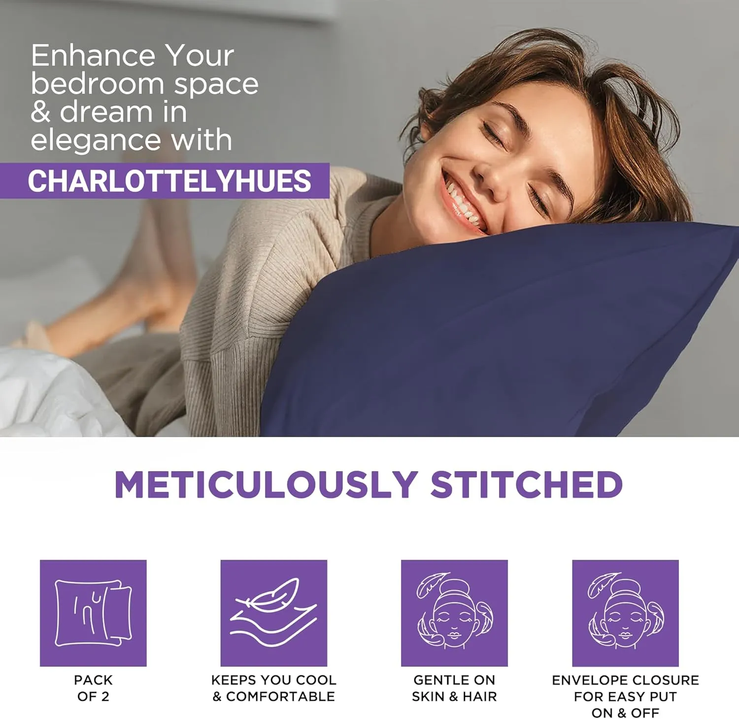 CharlottelyHues 1000 Thread Count Pillowcases Set of 2-100% Egyptian Cotton Pillow Cases with Long-Staple Combed Pillows for Sleeping, Soft & Silky Bed Pillow Cover (Navy Blue, Standard/Queen)