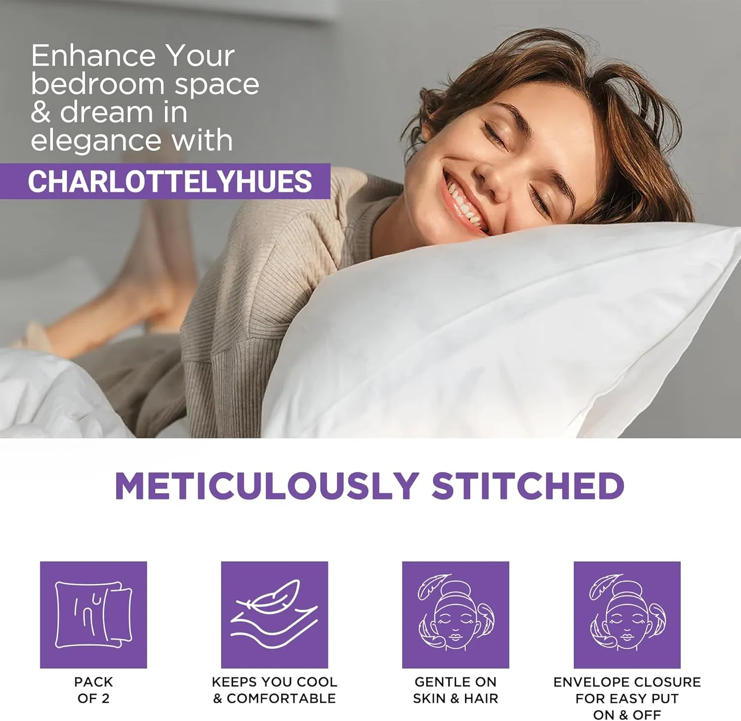 CharlottelyHues 1000 Thread Count Queen White Pillow Cases Set of 2-100% Egyptian Cotton with Long-Staple Combed Pillows for Sleeping, Soft & Silky Bed Pillow Cover (Standard/Queen)