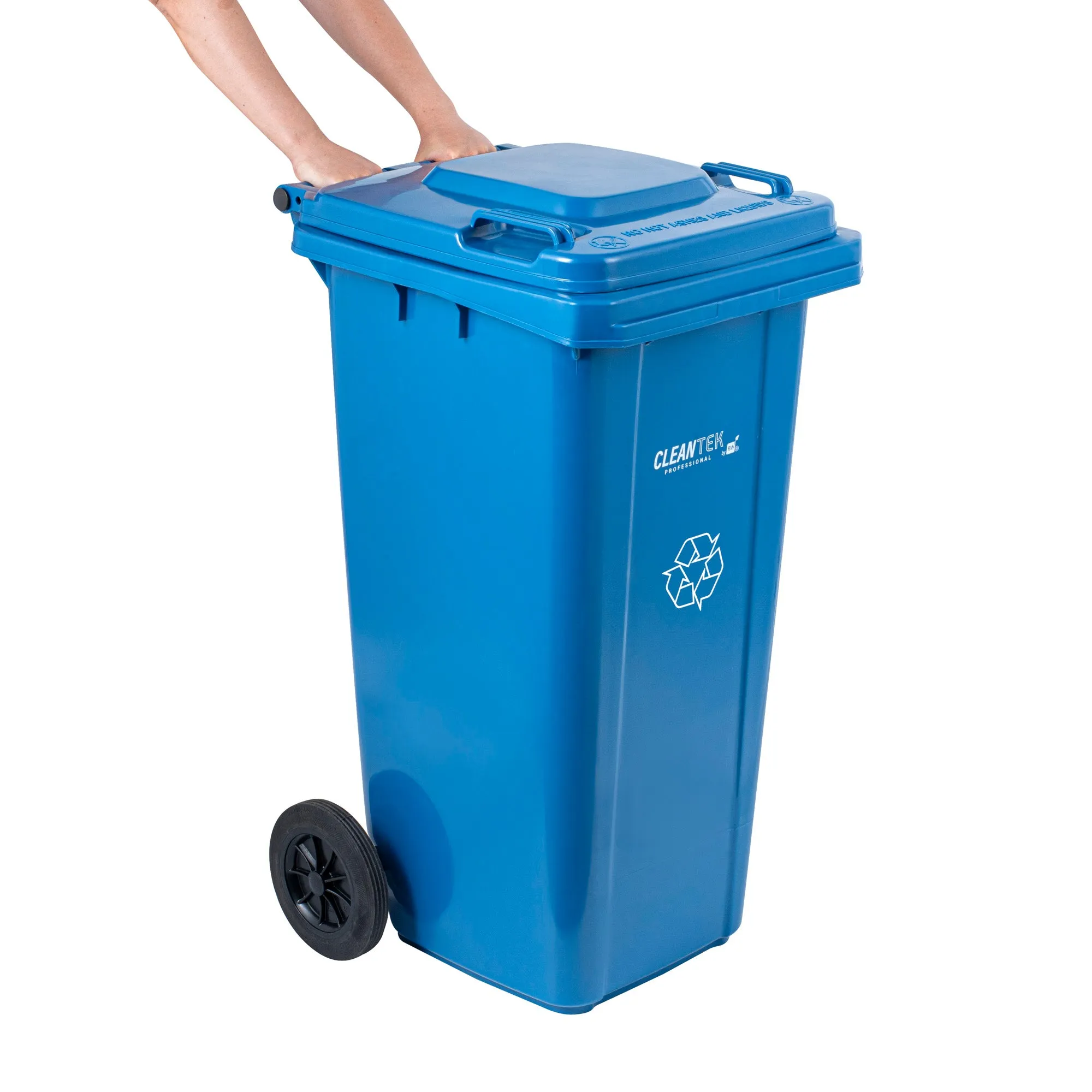 Clean Tek Professional 32 gal Rectangle Blue Plastic Wheeled Recycling Bin - with Lid - 22 1/2" x 19" x 37 1/2" - 1 count box
