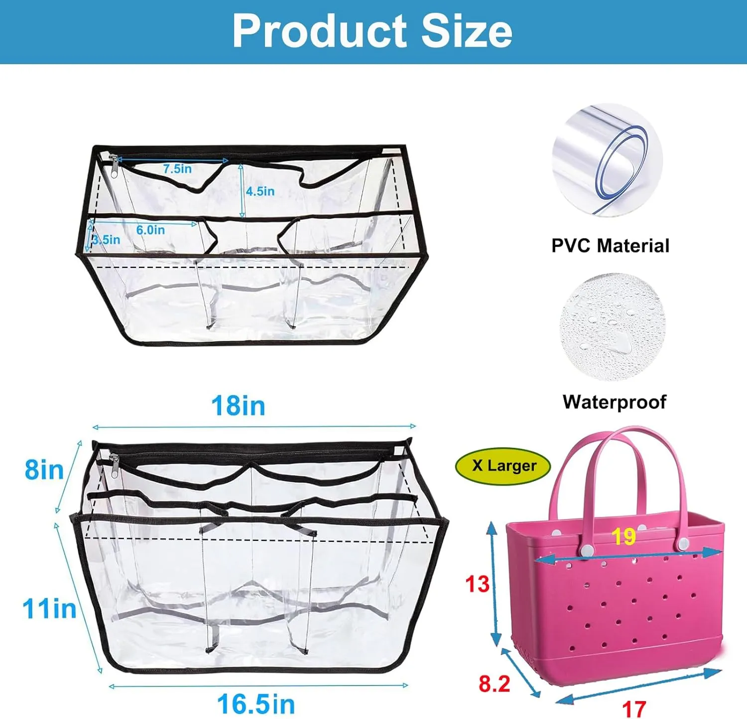 Clear Beach Bag Organizer Compatible with Bogg Bag X Large Size, PVC Insert Divider Liner for XL Bogg Bag Accessories (Clear-Black)