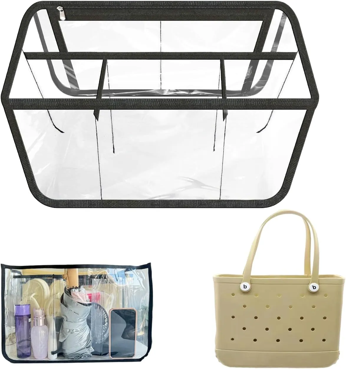 Clear Beach Bag Organizer Compatible with Original X Large Bogg Bag/Simply Southern Tote Organizing Your Bag and Divide Space,Transparent (Black)