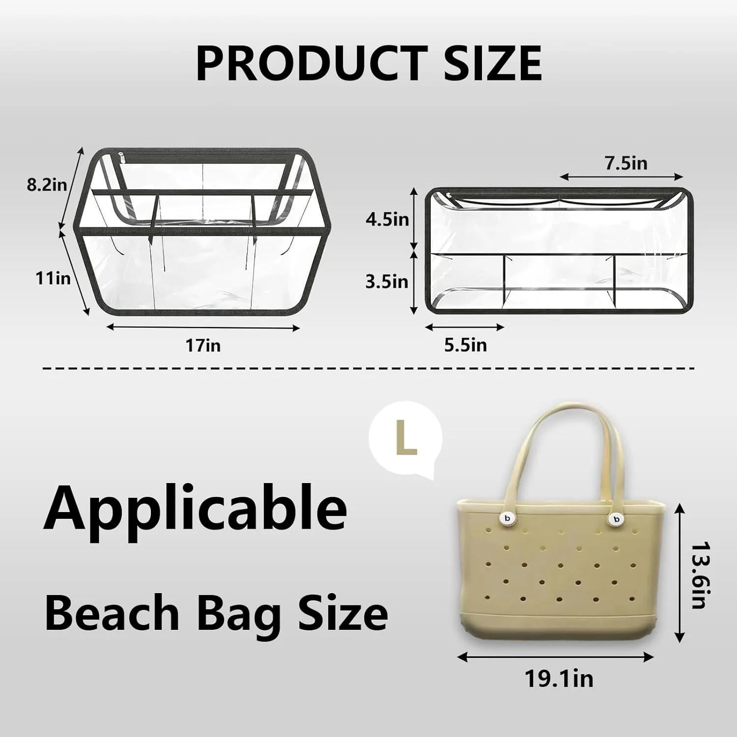 Clear Beach Bag Organizer Compatible with Original X Large Bogg Bag/Simply Southern Tote Organizing Your Bag and Divide Space,Transparent (Black)