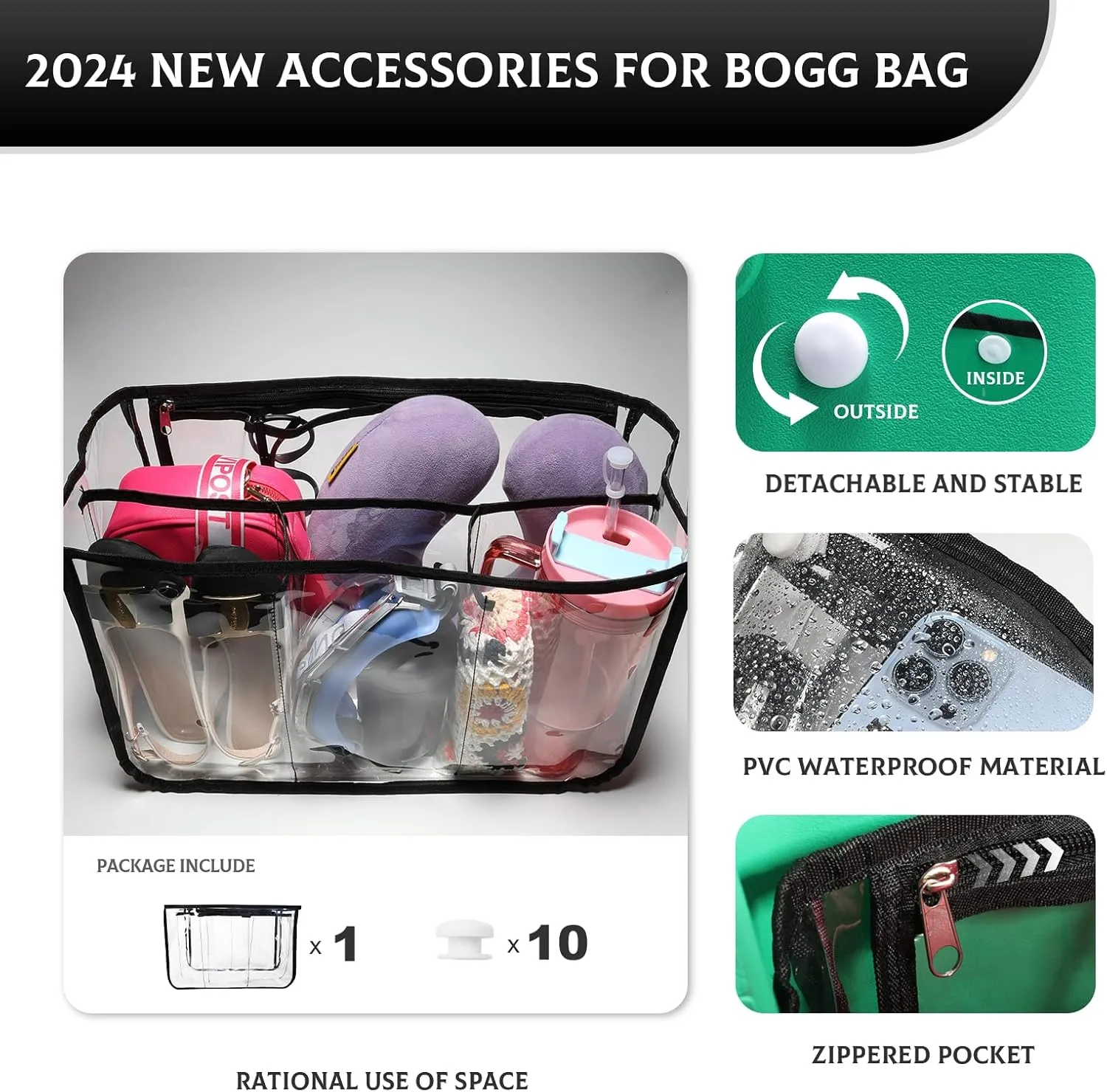 Clear Beach Bag Organizer for Bogg Bag Accessories Compatible with Bogg Bag XL PVC Organizing Your Bags and Divide Space Black
