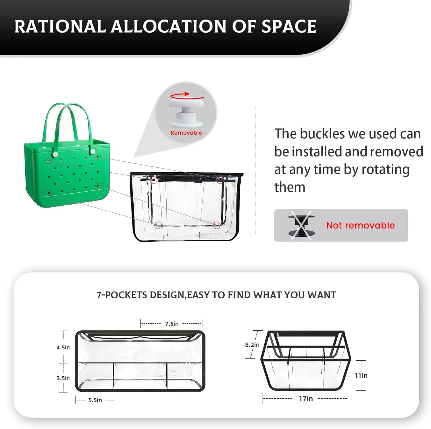Clear Beach Bag Organizer for Bogg Bag Accessories Compatible with Bogg Bag XL PVC Organizing Your Bags and Divide Space Black