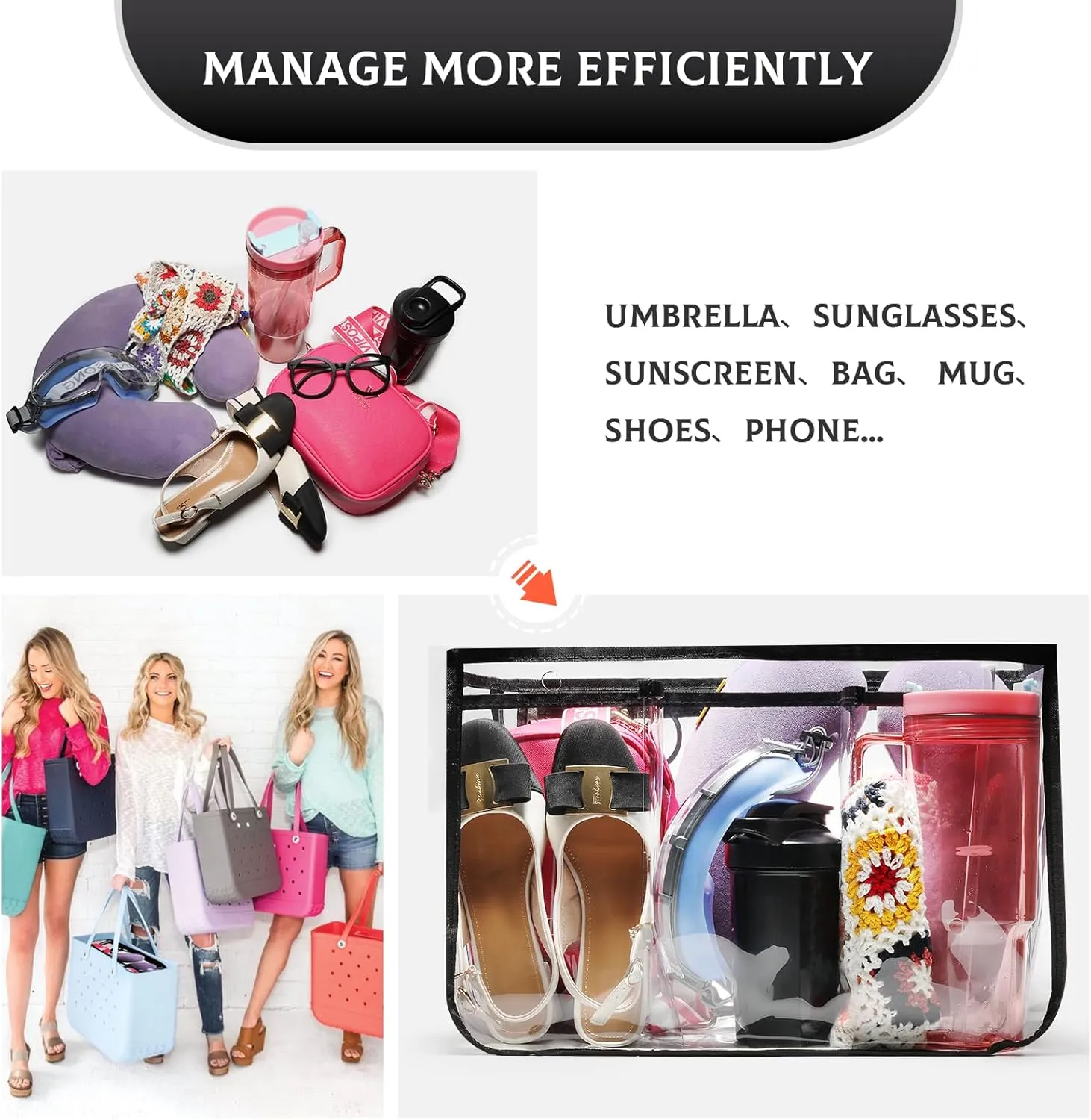 Clear Beach Bag Organizer for Bogg Bag Accessories Compatible with Bogg Bag XL PVC Organizing Your Bags and Divide Space Black