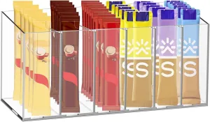 Clear Drink Packet Organizer for Water Flavor Packet and Tea Bag, Sugar Bag Storage Container with Removable Dividers 6 Compartment for Coffee Station, Refrigerator and Cabinets