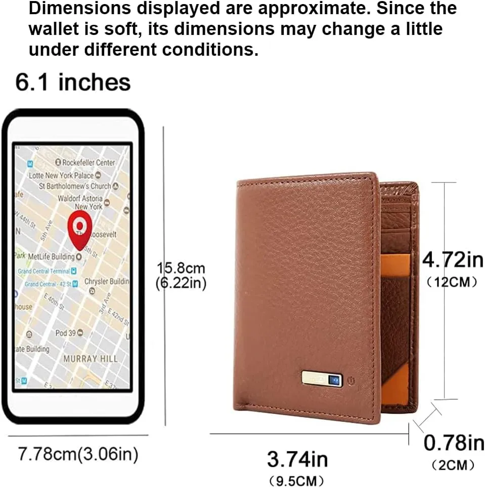 Clever Anti-Lost Wallet with Alarm, Bluetooth, Position Record (via Phone GPS) Tracker Item Finder, Bifold Cowhide Leather Locator Intelligent Trackable Minimalist Credit Card Purse (Brown, Vertical)