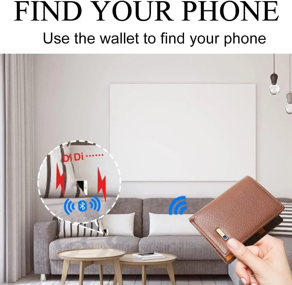 Clever Anti-Lost Wallet with Alarm, Bluetooth, Position Record (via Phone GPS) Tracker Item Finder, Bifold Cowhide Leather Locator Intelligent Trackable Minimalist Credit Card Purse (Brown, Vertical)