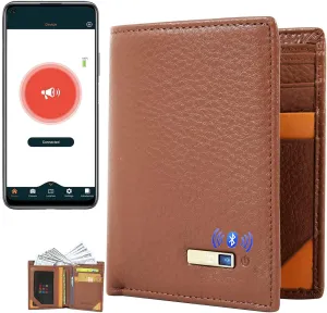 Clever Anti-Lost Wallet with Alarm, Bluetooth, Position Record (via Phone GPS) Tracker Item Finder, Bifold Cowhide Leather Locator Intelligent Trackable Minimalist Credit Card Purse (Brown, Vertical)