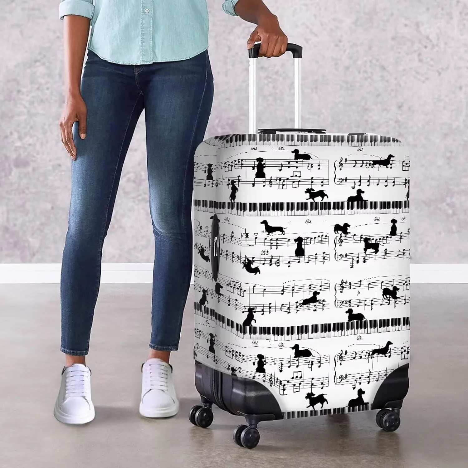 Coloranimal Black Dachshund Sausage Dogs Pattern Travel Luggage Covers Fit for Size 25-28 Inch Trunk Case Piano Key Music Notes Suitcase Protective Spandex Elastic Baggage Covers L