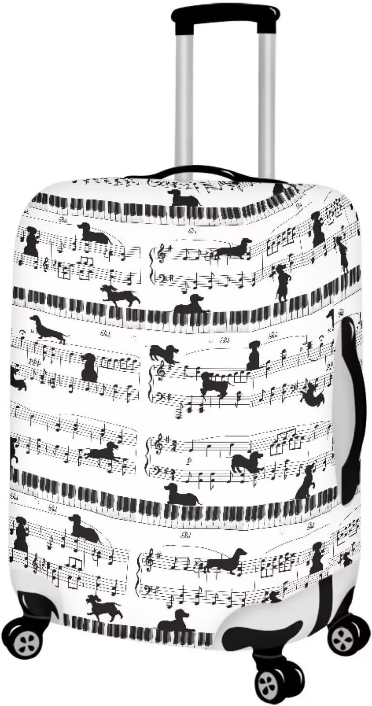 Coloranimal Black Dachshund Sausage Dogs Pattern Travel Luggage Covers Fit for Size 25-28 Inch Trunk Case Piano Key Music Notes Suitcase Protective Spandex Elastic Baggage Covers L