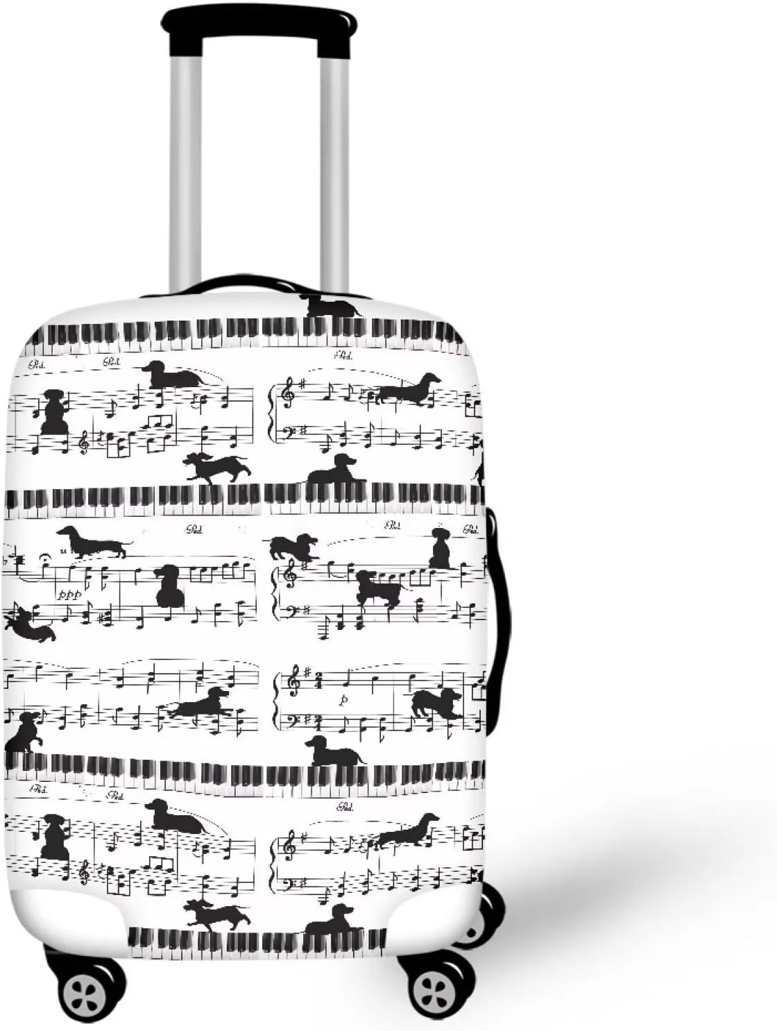 Coloranimal Black Dachshund Sausage Dogs Pattern Travel Luggage Covers Fit for Size 25-28 Inch Trunk Case Piano Key Music Notes Suitcase Protective Spandex Elastic Baggage Covers L