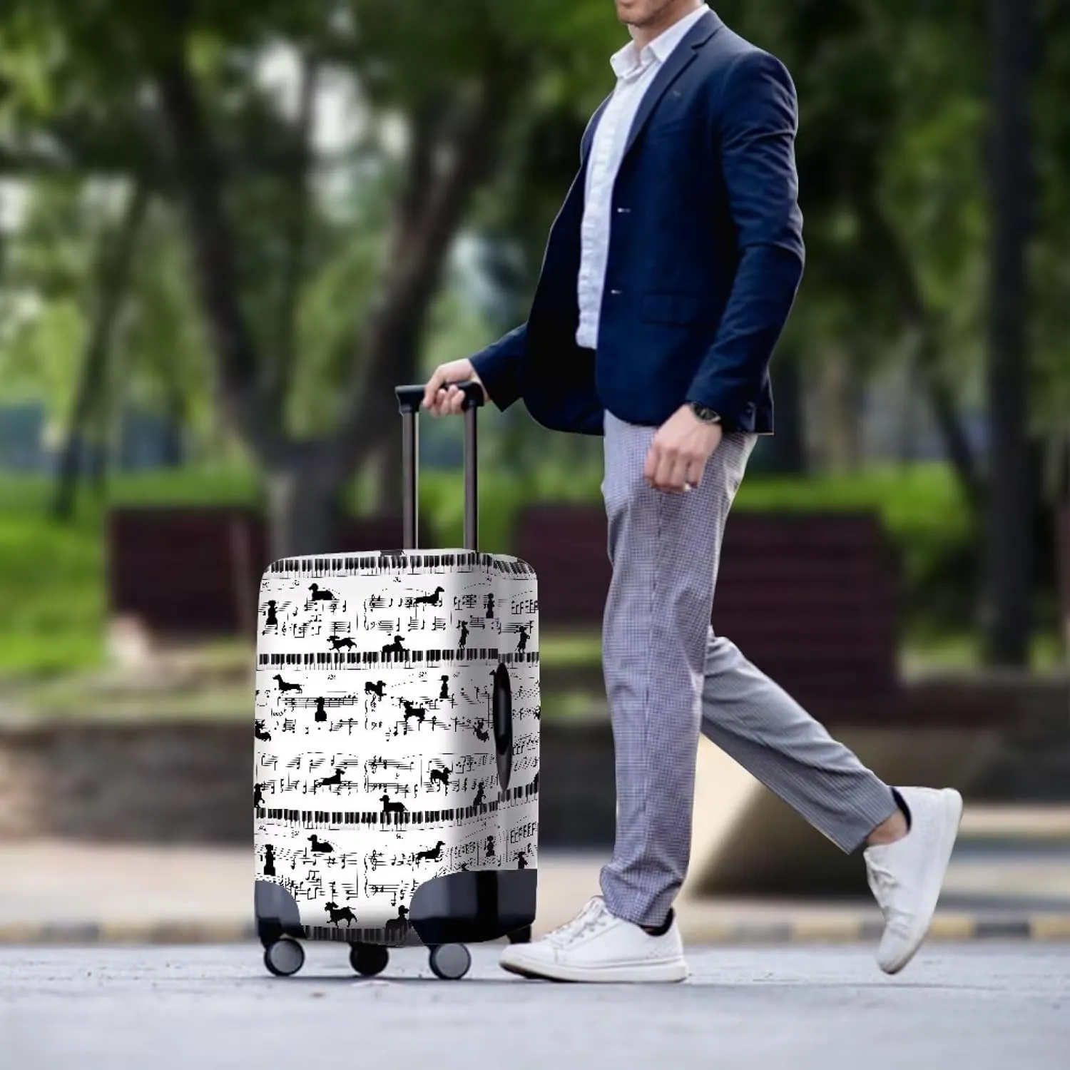 Coloranimal Black Dachshund Sausage Dogs Pattern Travel Luggage Covers Fit for Size 25-28 Inch Trunk Case Piano Key Music Notes Suitcase Protective Spandex Elastic Baggage Covers L
