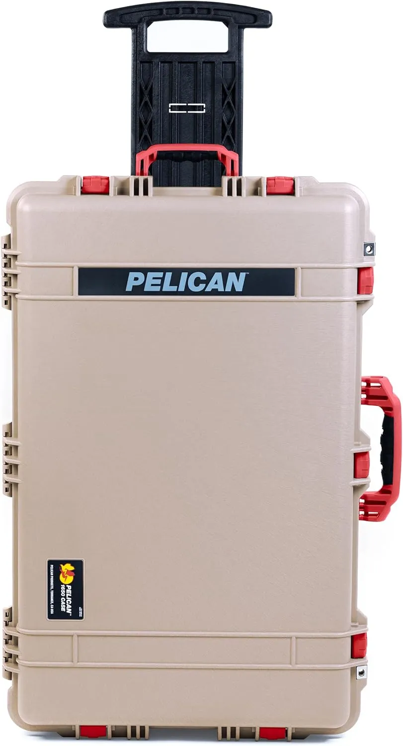 ColorCase Pelican 1650 Case Desert Tan - Large Sized Waterproof Rolling Case with Mesh Lid Organizer - Red Handles & Latches