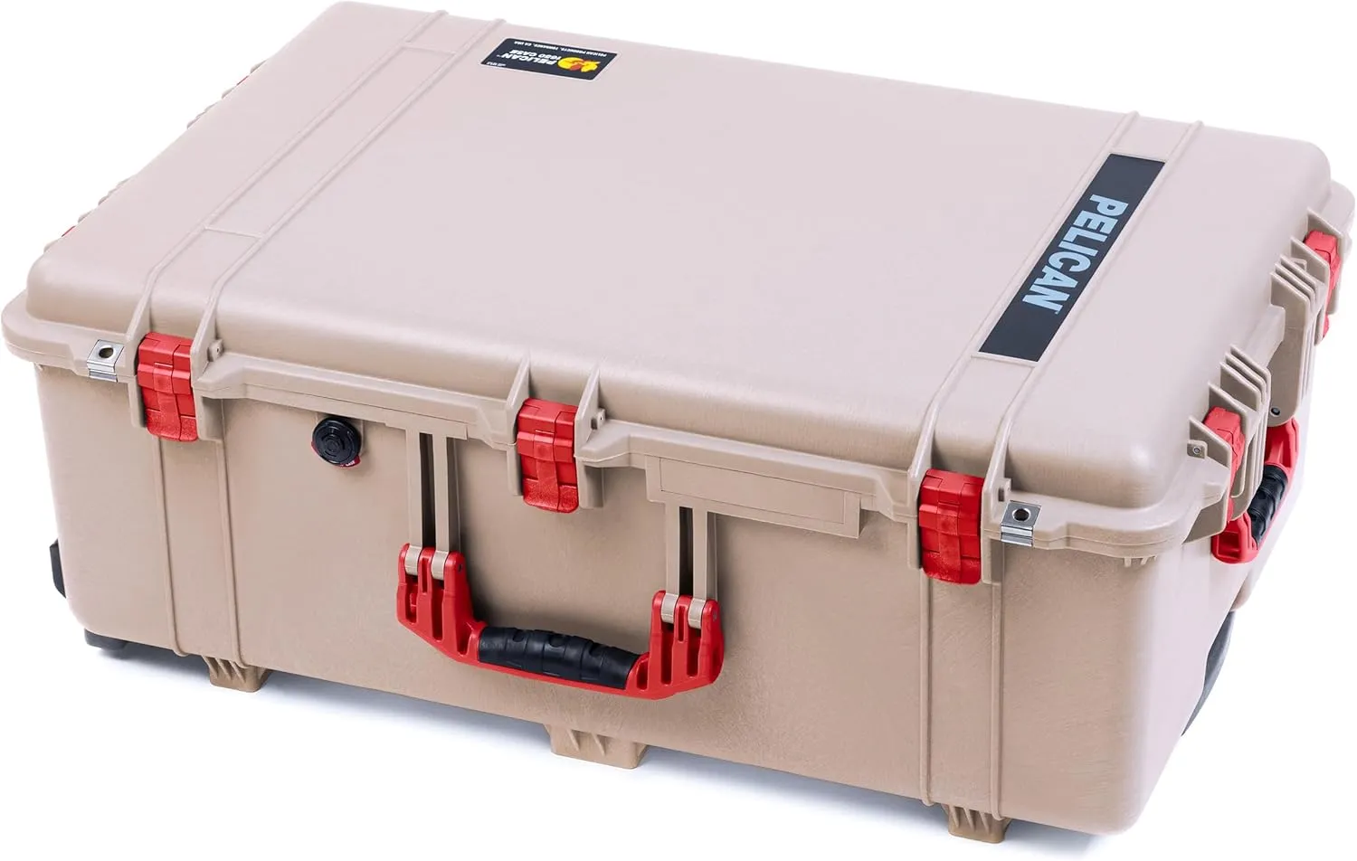 ColorCase Pelican 1650 Case Desert Tan - Large Sized Waterproof Rolling Case with Mesh Lid Organizer - Red Handles & Latches