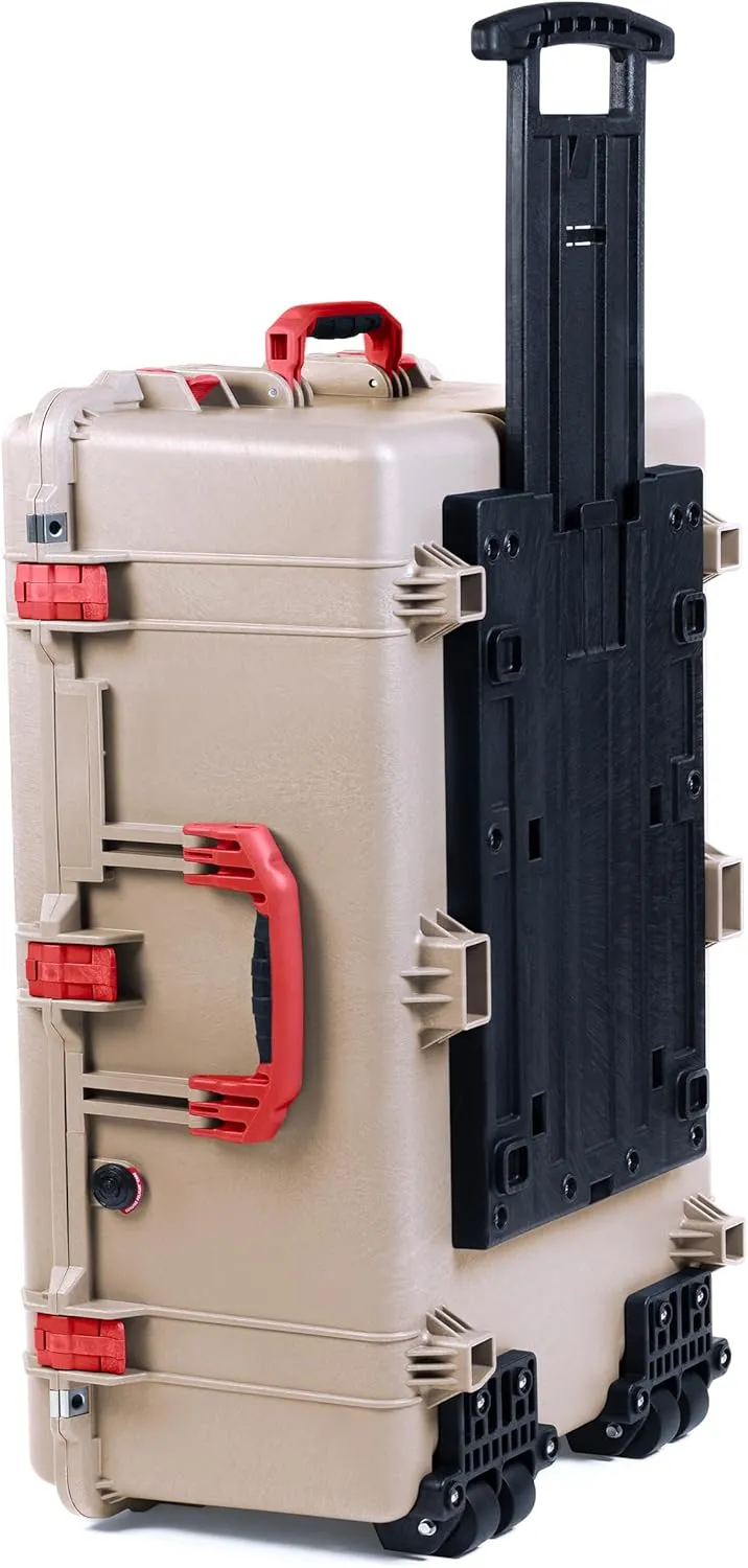 ColorCase Pelican 1650 Case Desert Tan - Large Sized Waterproof Rolling Case with Mesh Lid Organizer - Red Handles & Latches