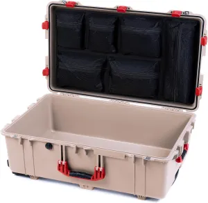 ColorCase Pelican 1650 Case Desert Tan - Large Sized Waterproof Rolling Case with Mesh Lid Organizer - Red Handles & Latches
