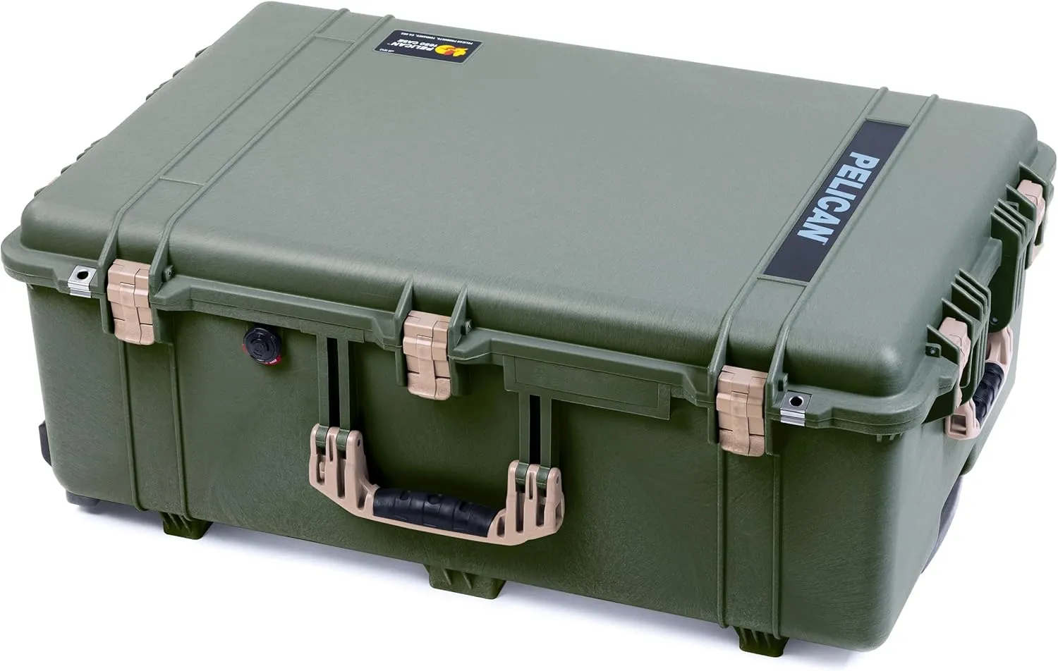 ColorCase Pelican 1650 Case OD Green - Large Sized Waterproof Rolling Case with Grey Padded Dividers & Mesh Lid Organizer - Desert Tan Handles & Latches