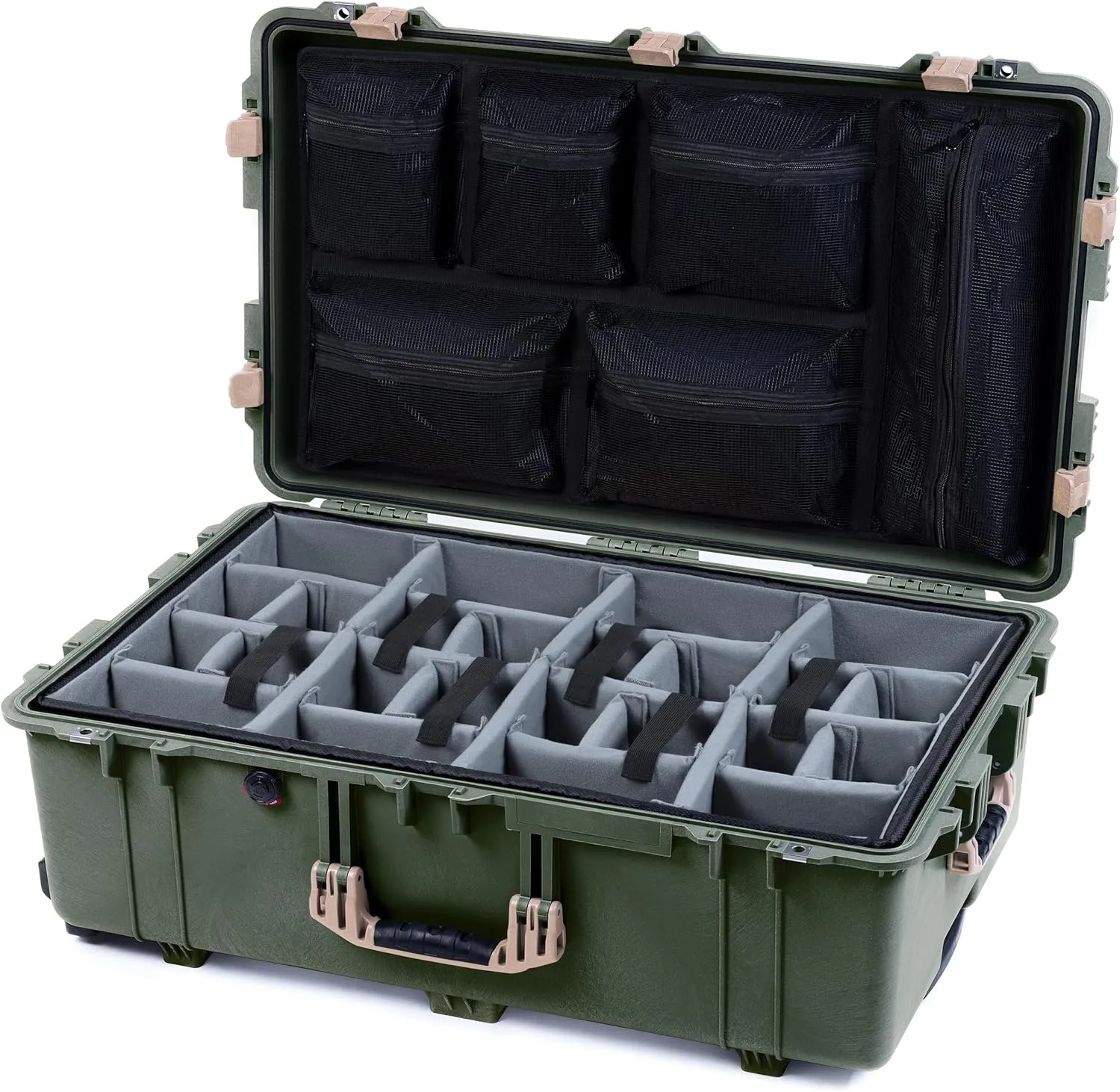 ColorCase Pelican 1650 Case OD Green - Large Sized Waterproof Rolling Case with Grey Padded Dividers & Mesh Lid Organizer - Desert Tan Handles & Latches