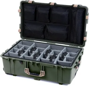 ColorCase Pelican 1650 Case OD Green - Large Sized Waterproof Rolling Case with Grey Padded Dividers & Mesh Lid Organizer - Desert Tan Handles & Latches