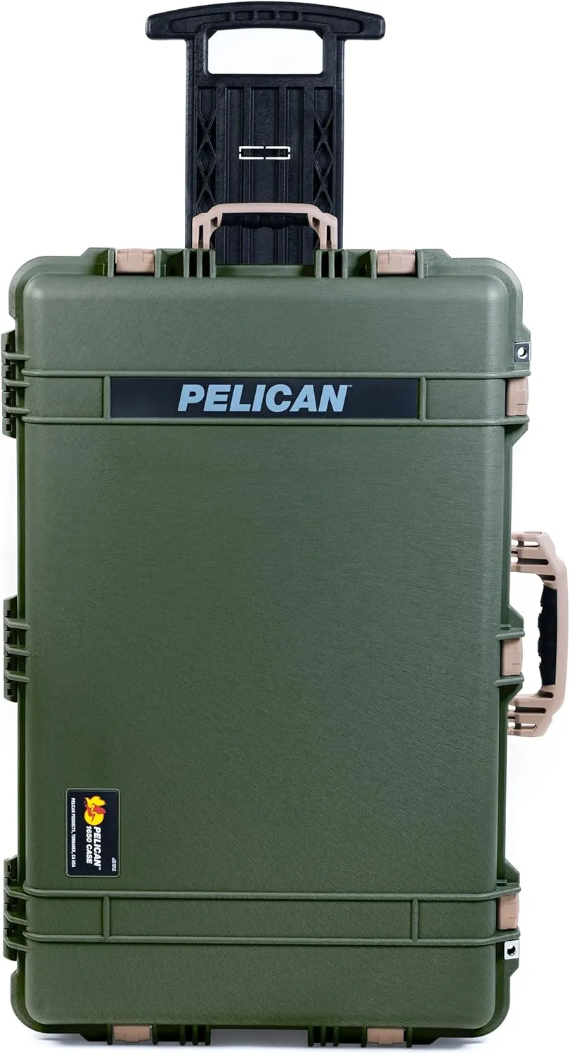 ColorCase Pelican 1650 Case OD Green - Large Sized Waterproof Rolling Case with Grey Padded Dividers & Mesh Lid Organizer - Desert Tan Handles & Latches