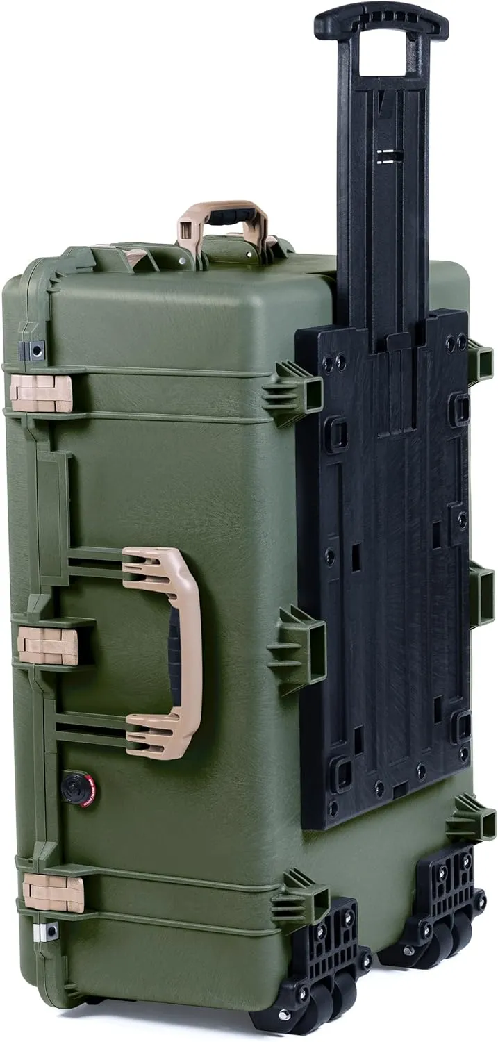 ColorCase Pelican 1650 Case OD Green - Large Sized Waterproof Rolling Case with Grey Padded Dividers & Mesh Lid Organizer - Desert Tan Handles & Latches