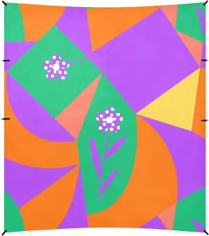 Colorful Geometric Shapes Purple Flowers Foldable Beach Cabana UPF50  Protection Lightweight Portable Sun Shelter with Sturdy Poles, Sandbags and Shovel for Family Travel