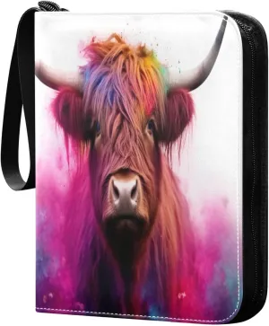 Colorful Highland Cow Card Binder 4 Pocket Trading Card Album Fits 400 Sports/Game Cards, PU Cover 3 Ring Card Collection with 50 Removable Sleeves