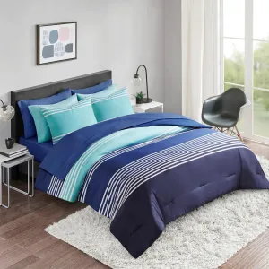 Comfort Spaces Full Comforter Set with Sheets - Bed in a Bag 9 Pieces Teen Bedding Set, Navy and Grey Stripes, College Style, 2 Side Pocket Bedroom Organizer