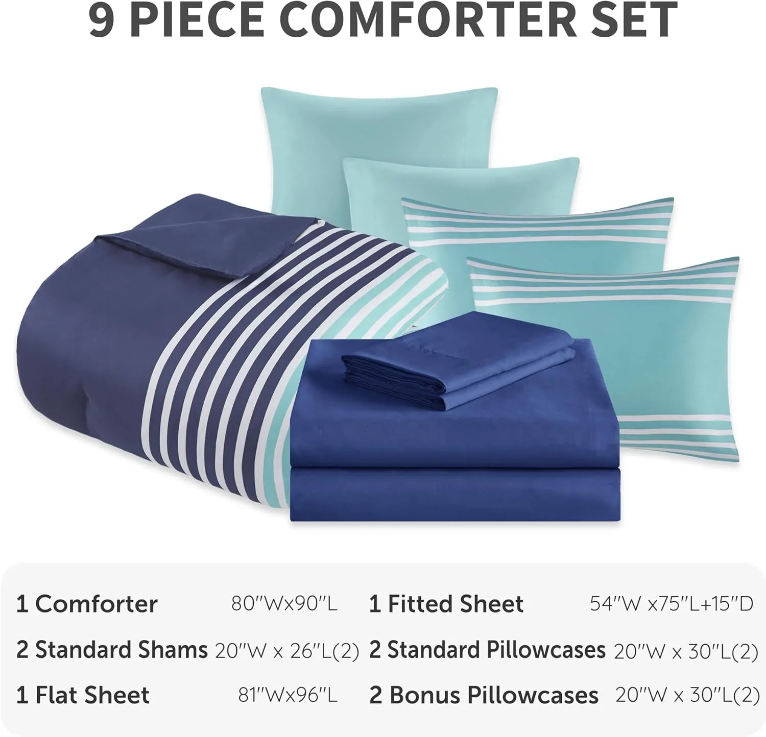 Comfort Spaces Full Comforter Set with Sheets - Bed in a Bag 9 Pieces Teen Bedding Set, Navy and Grey Stripes, College Style, 2 Side Pocket Bedroom Organizer