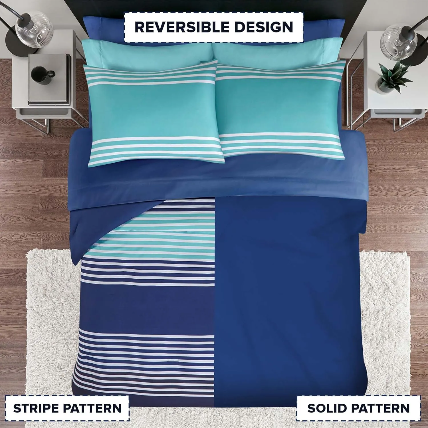 Comfort Spaces Full Comforter Set with Sheets - Bed in a Bag 9 Pieces Teen Bedding Set, Navy and Grey Stripes, College Style, 2 Side Pocket Bedroom Organizer