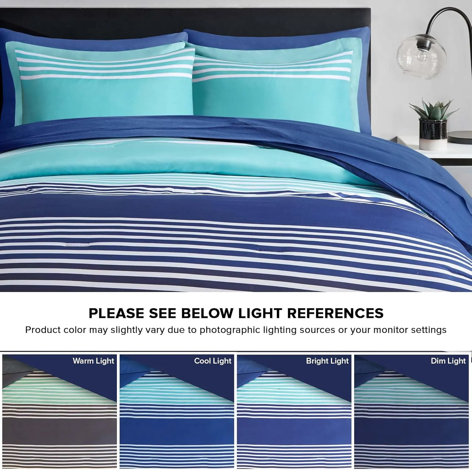 Comfort Spaces Full Comforter Set with Sheets - Bed in a Bag 9 Pieces Teen Bedding Set, Navy and Grey Stripes, College Style, 2 Side Pocket Bedroom Organizer