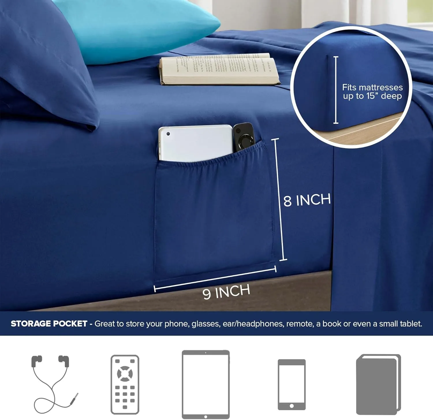 Comfort Spaces Full Comforter Set with Sheets - Bed in a Bag 9 Pieces Teen Bedding Set, Navy and Grey Stripes, College Style, 2 Side Pocket Bedroom Organizer